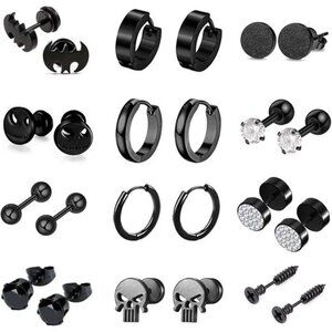 12 Pairs Earrings for Men Punk Mens Earrings Stainless Steel Black